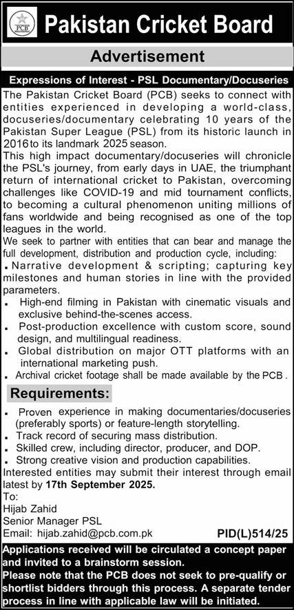 Pakistan Cricket Board Lahore Tender Notice